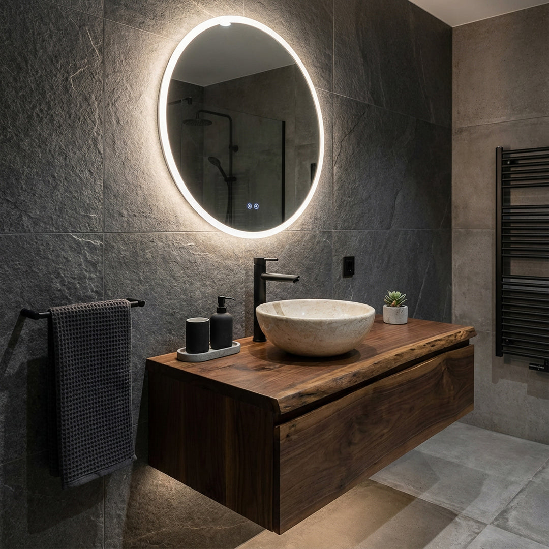 Round natural stoneWashbasin as an attachment on a floating wooden washbasin with a black fitting in a modern bathroom ambience