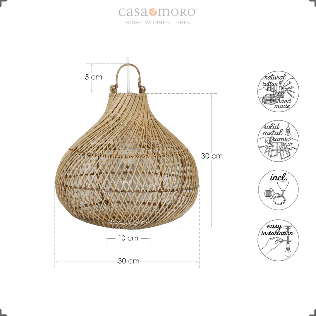 Maßzeichnung der handgefertigten Rattan Deckenlampe mit Icons zu Material, Montage und Zubehör