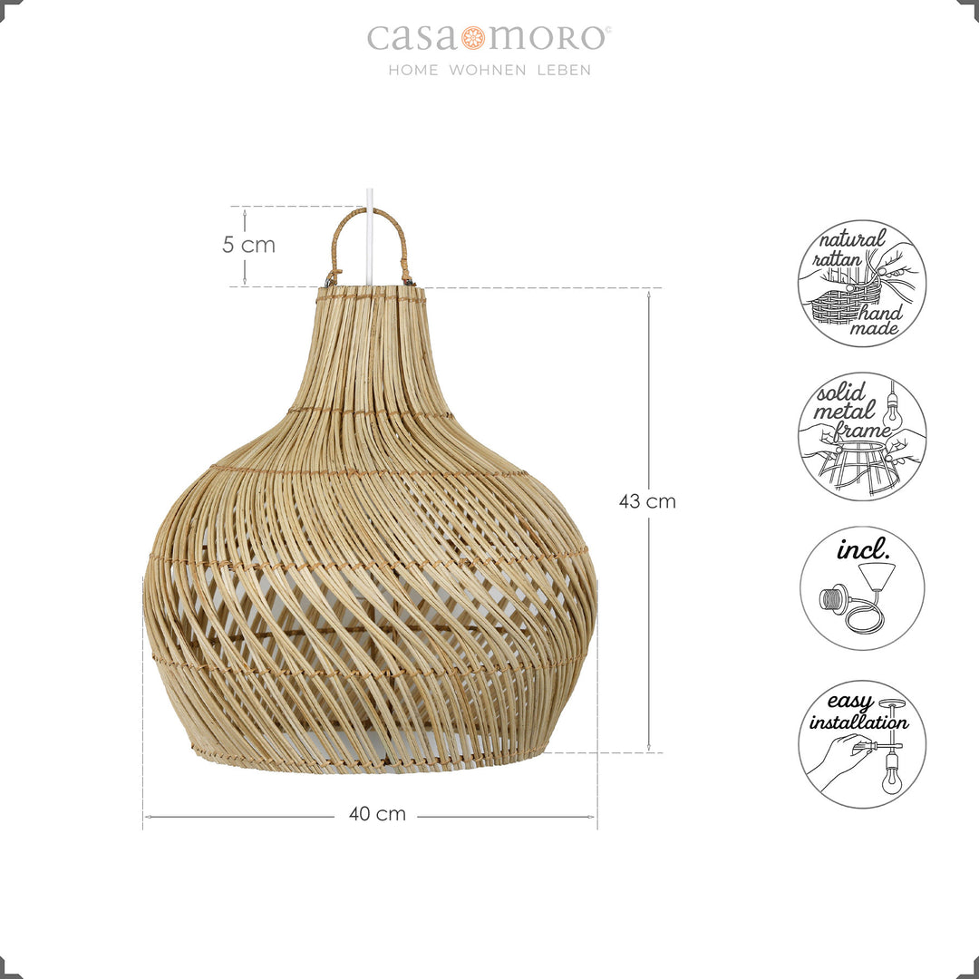 Lampe en rotin fabriquée à la main en forme de larme organique et tissage fin, comprenant un auvent et un câble
