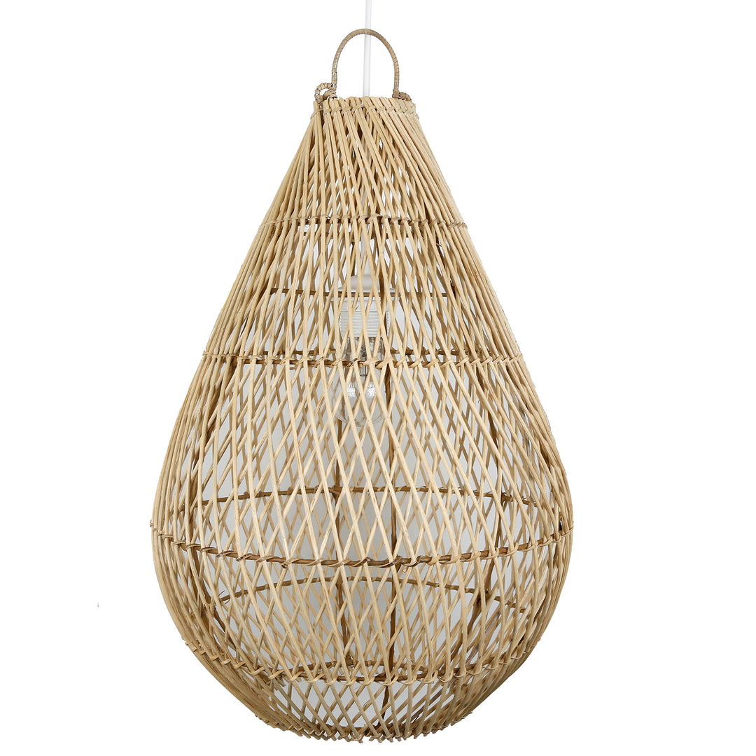 Abat-jour en rotin en forme de larme avec un motif tissé fin et une couleur naturelle