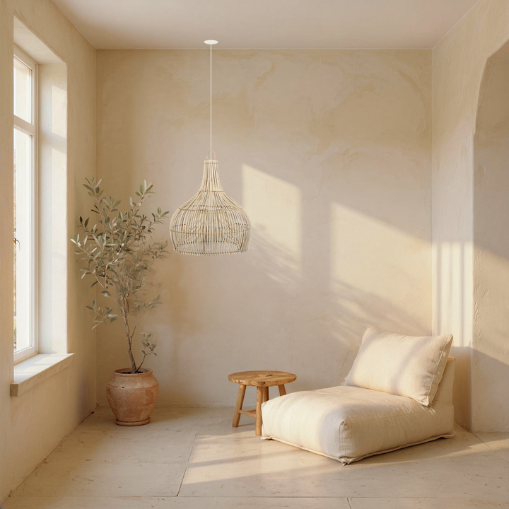 Visualisierung der Rattan-Pendelleuchte Elia mit bauchigem Schirm neben einem hellen Loungesessel am Fenster