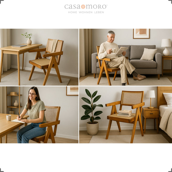 Fauteuil au tissage viennois en teck marron, fabriqué à la main en bois et rotin - polyvalent pour une utilisation dans le salon, le bureau et la chambre à coucher