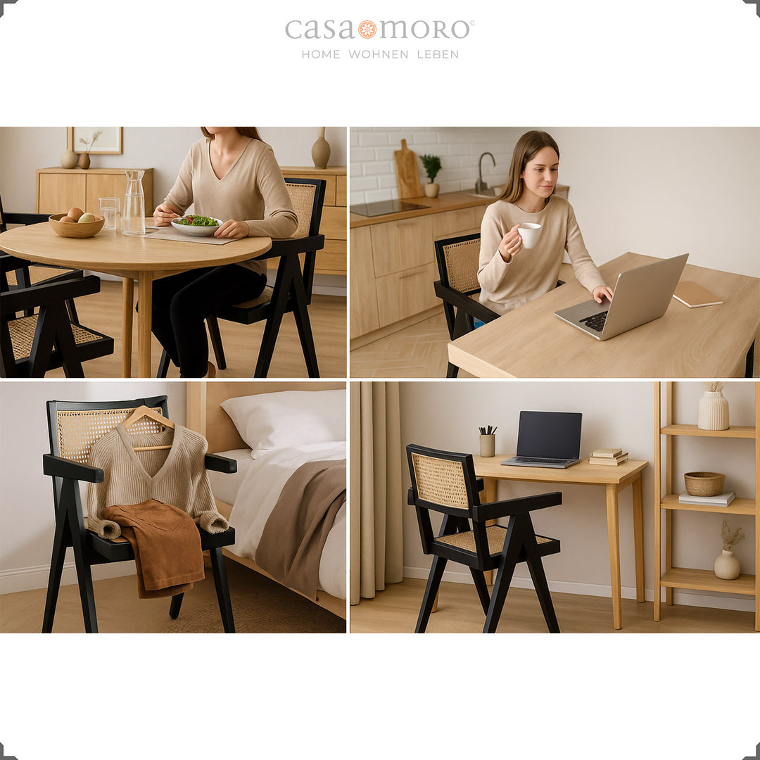 Fauteuil noir au tissage viennois en teck et rotin, polyvalent dans la salle à manger, la chambre ou le bureau à domicile
