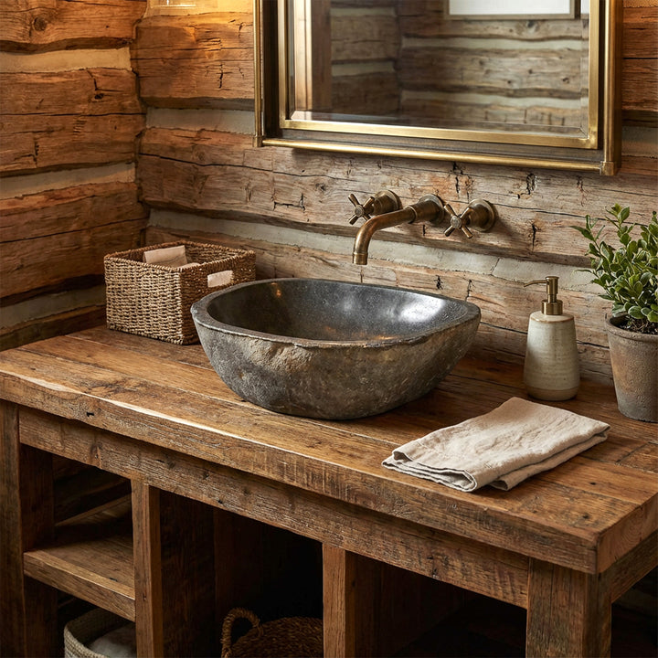 Pierre de rivière Lavabo dans la salle de bain rustique sur une console en bois massif, associée à une applique murale en laiton et une lumière chaude
