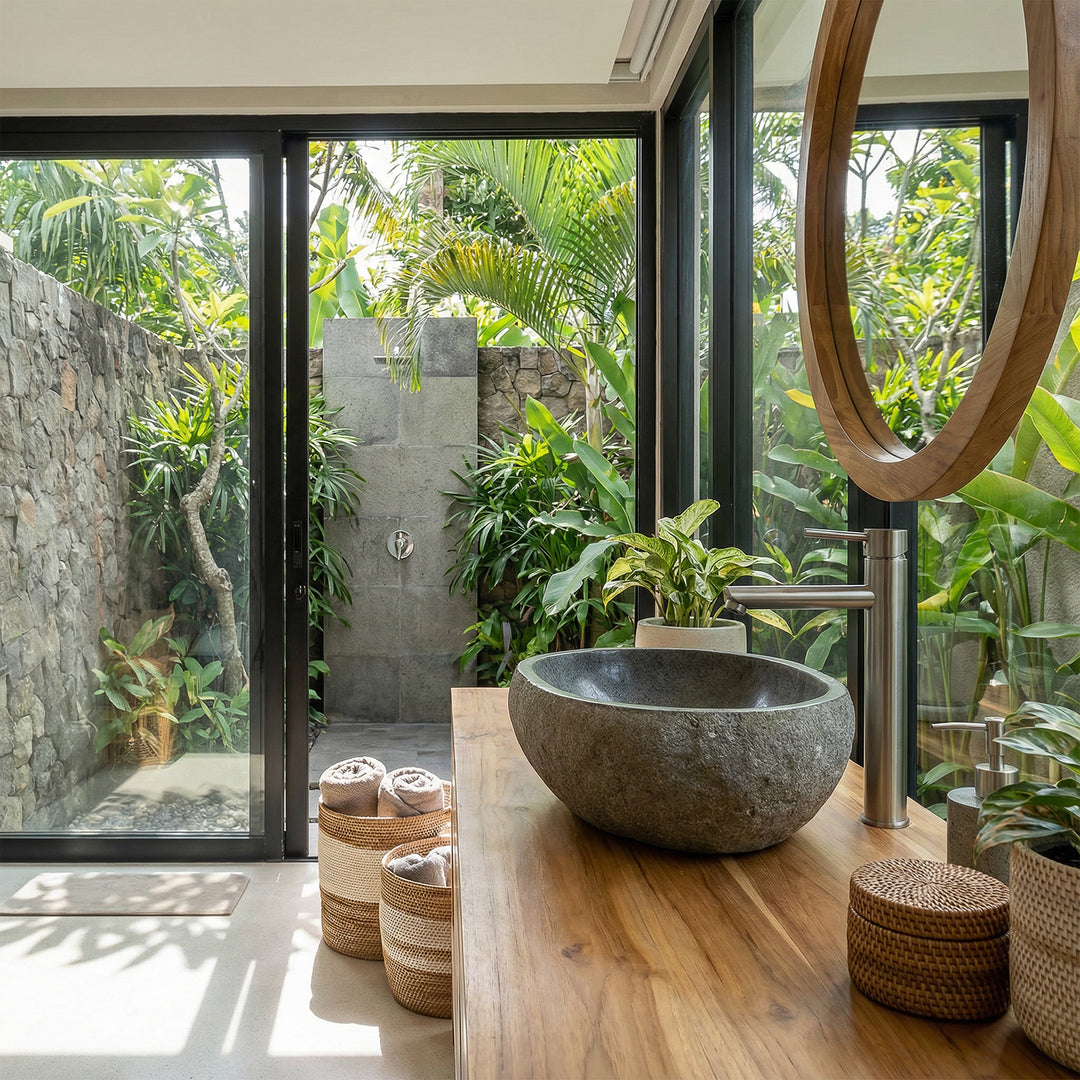 Bassin de comptoir en pierre de rivière dans une salle de bains baignée de lumière avec vanité en bois, façade en verre et vue sur le jardin tropical