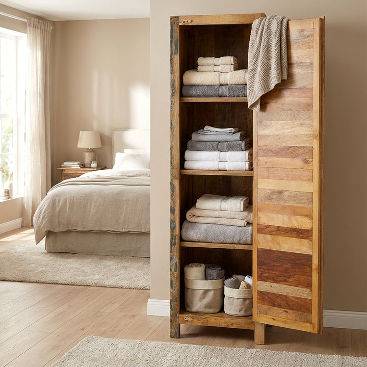 Narrow tall cabinet made of solid wood with four compartments in a country house style, placed in the bedroom