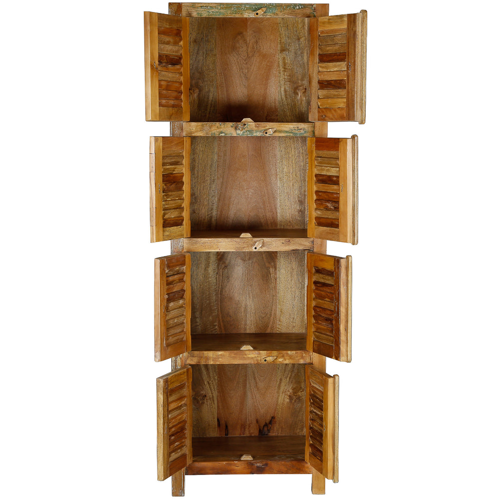 Schmaler Schrank aus massivem Holz und Altholz mit vier Fächern im Vintage-Stil, freistehend gezeigt