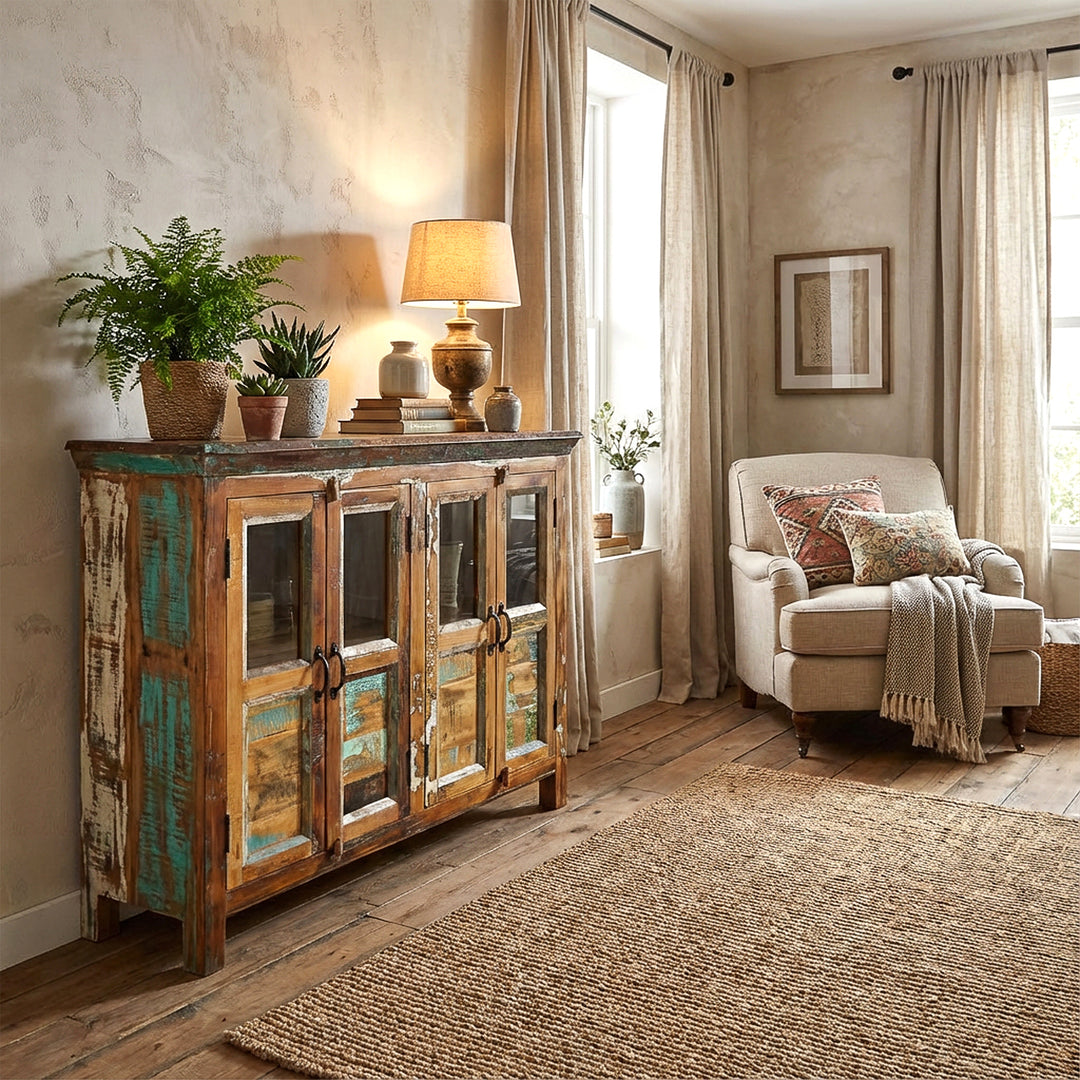 Living room sideboard made of solid wood with vintage style glass doors