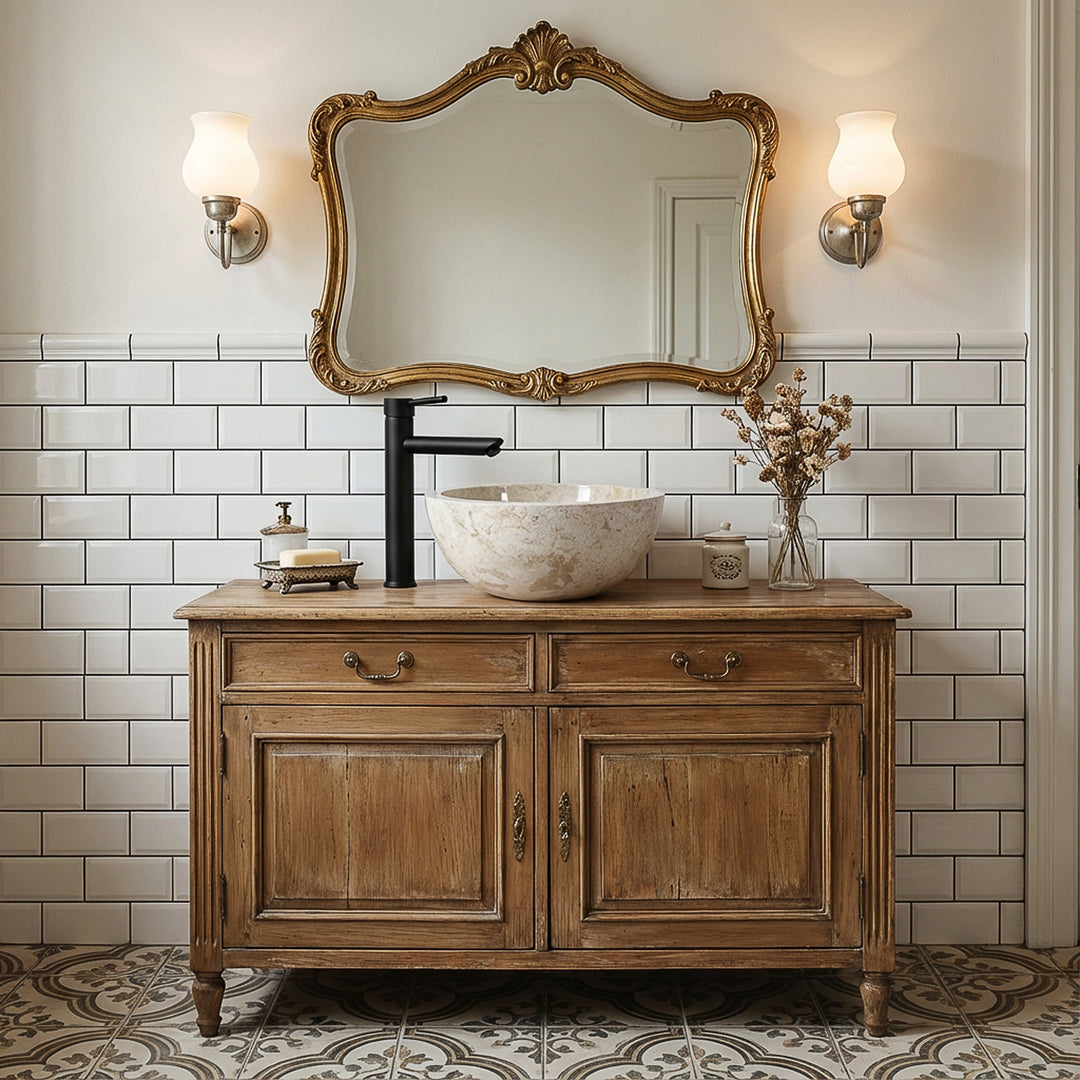 Lavabo rond en pierre en complément d'un lavabo ancien en bois avec robinetterie noire dans une ambiance de salle de bain classique et élégante