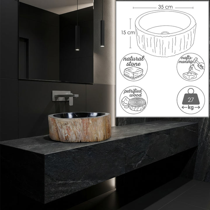 Lavabo en pierre en bois pétrifié comme lavabo à poser rond, mis en scène de manière moderne avec des graphiques dimensionnels dans une salle de bain design et sombre.