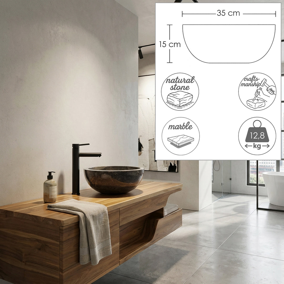 Vasque à poser ronde en pierre naturelle sur lavabo en bois, complétée par des graphiques dimensionnels avec diamètre et hauteur