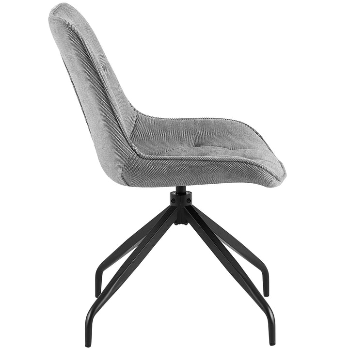 Seitenansicht des grauen Esszimmerstuhls mit 360° Drehfunktion und schwarzem Metallgestell – ergonomische Form mit weicher Polsterung