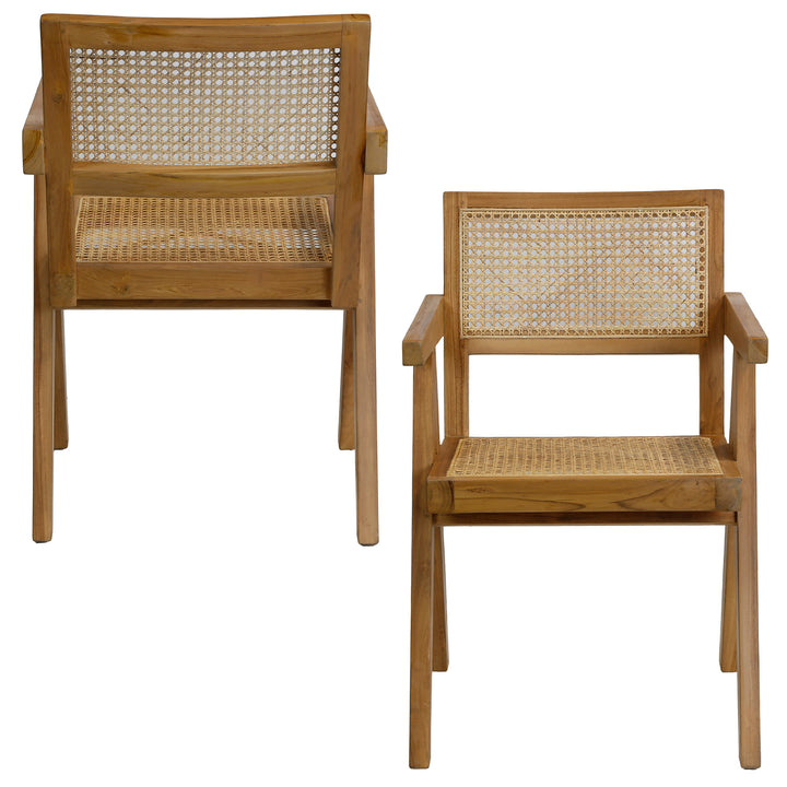 Vue avant et arrière du fauteuil en vannerie viennoise, réalisé en teck et fabriqué à la main