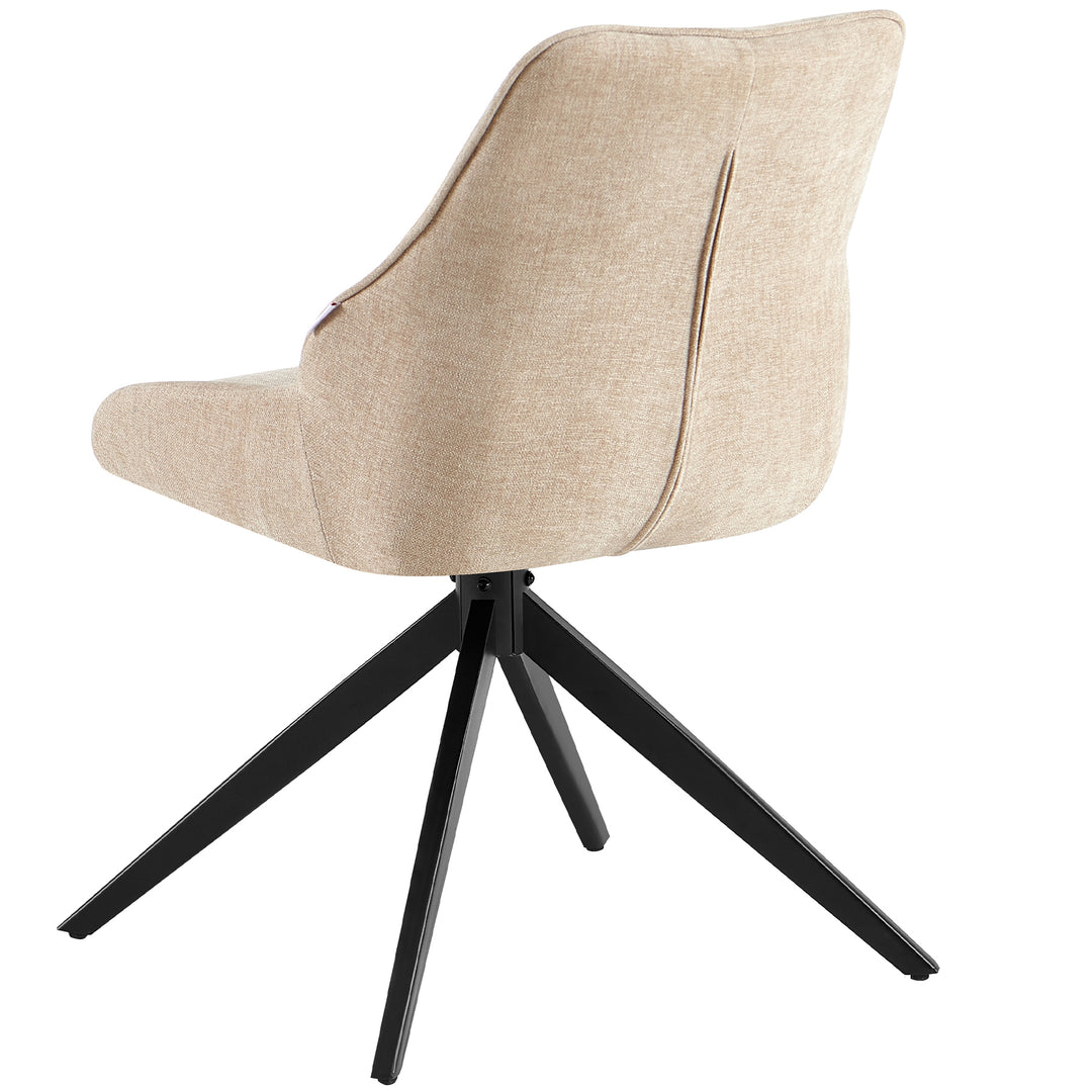 Rear view of a 360° rotating dining room chair in light brown with an upholstered backrest and a black metal frame in a modern tripod shape