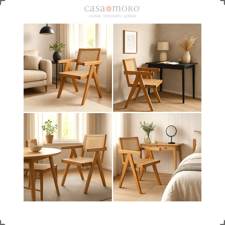 Salle à manger avec chaises en teck et osier viennois, ambiance harmonieuse avec bois clair et tons naturels