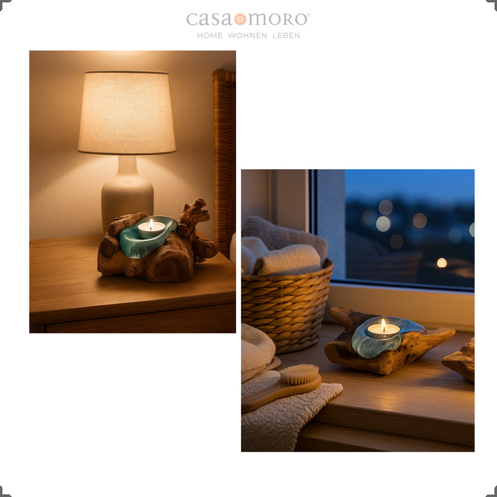 Two scenes with tealight holders made of glass and root wood, whose warm candlelight softly illuminates bedroom and windowsill moments.