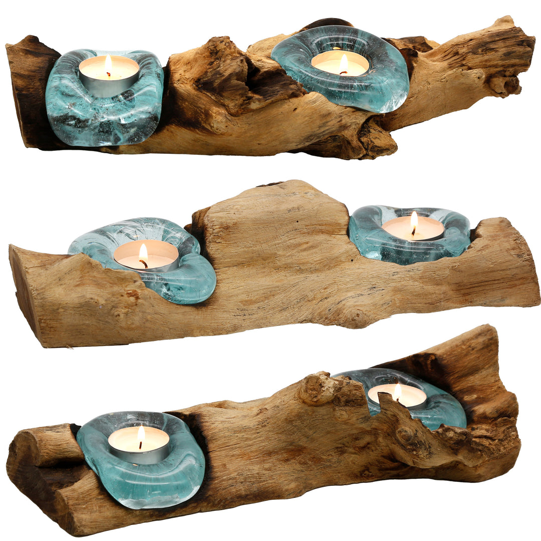 Photophores allongés en verre et bois de racine en trois versions, chacune avec sa propre forme et une bougie chauffe-plat à l'éclairage chaleureux