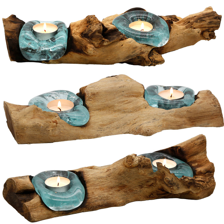 Photophores allongés en verre et bois de racine en trois versions, chacune avec sa propre forme et une bougie chauffe-plat à l'éclairage chaleureux