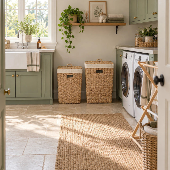 A set of two square seagrass laundry baskets, approximately 55 and 85 liters, with closed lids, in the bright laundry room.