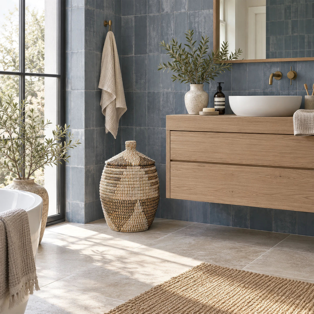 Panier à linge en jonc de mer, disponible en naturel, marron, noir ou blanc, avec couvercle et d'une capacité d'environ 30 litres, destiné à la salle de bains.