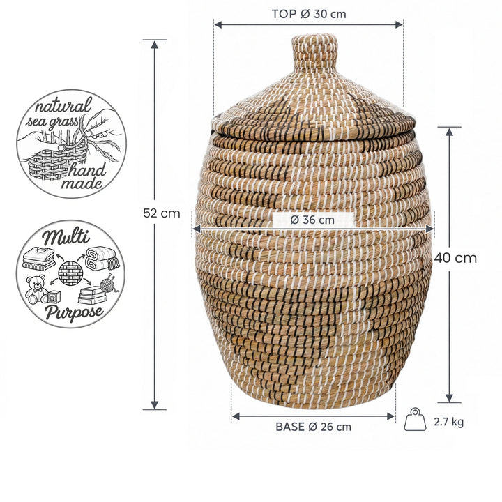 Dimensions : panier en jonc de mer, disponible en naturel, marron, noir ou blanc, d'une capacité d'environ 30 litres, d'un diamètre maximal de 36 cm et d'une hauteur maximale de 52 cm avec le couvercle.