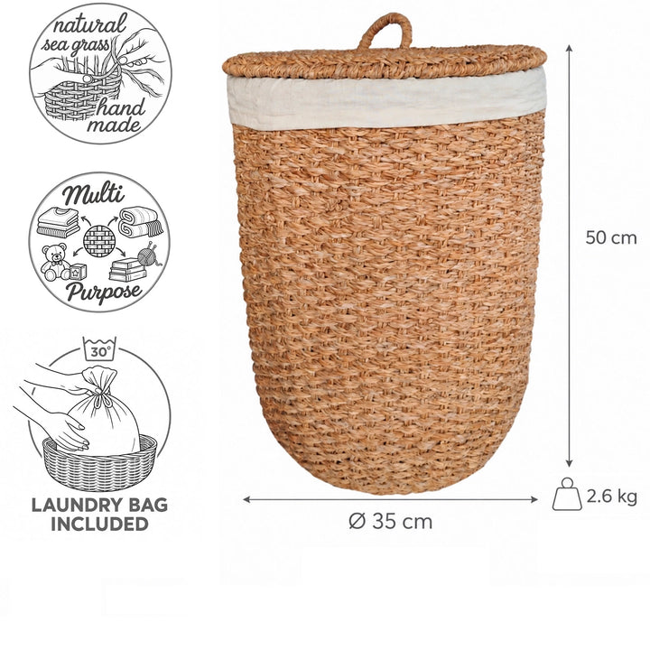 Maße des Wäschekorbs mit Deckel aus Seegras: Ø 35 cm, Höhe 50 cm, 2,6 kg; Wäschebeutel bei 30 °C waschbar.