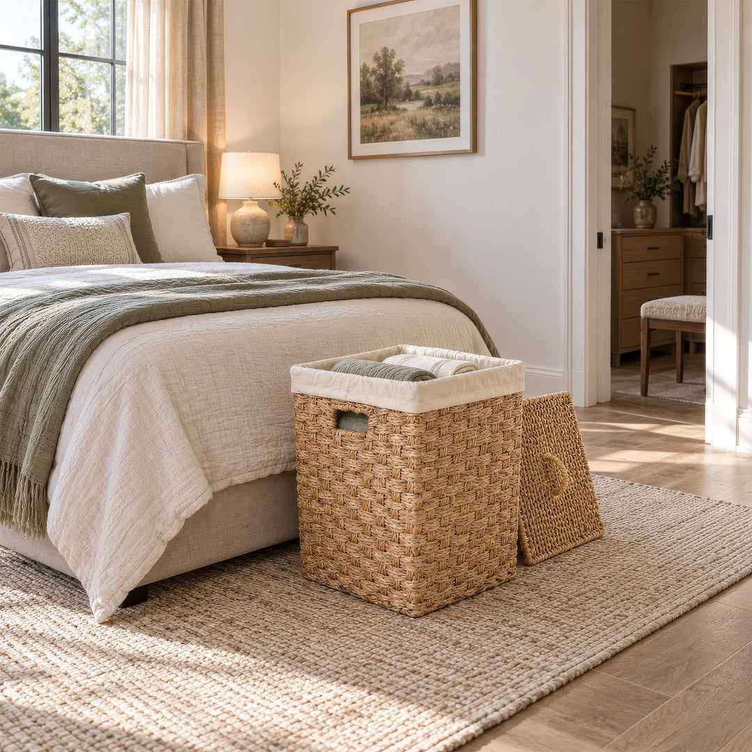 Panier carré en jonc de mer, d'une contenance d'environ 55 litres, contenant des textiles enroulés et dont le couvercle est légèrement entrouvert, placé devant le lit dans la chambre.