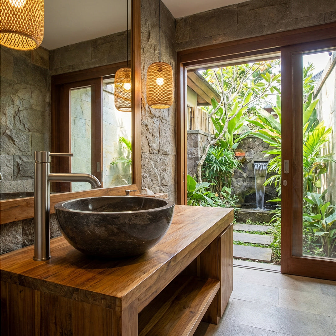 Vasque ronde en marbre foncé sur meuble sous-vasque en bois avec raccords en acier inoxydable dans une salle de bains spa ouverte avec vue sur le jardin