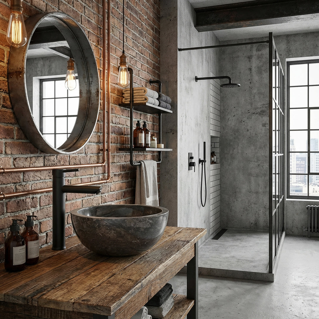 Rond Lavabo en matériau naturel foncé sur un lavabo en bois avec des raccords noirs dans une salle de bains loft industriel