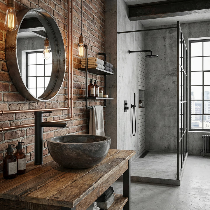 Rond Lavabo en matériau naturel foncé sur un lavabo en bois avec des raccords noirs dans une salle de bains loft industriel