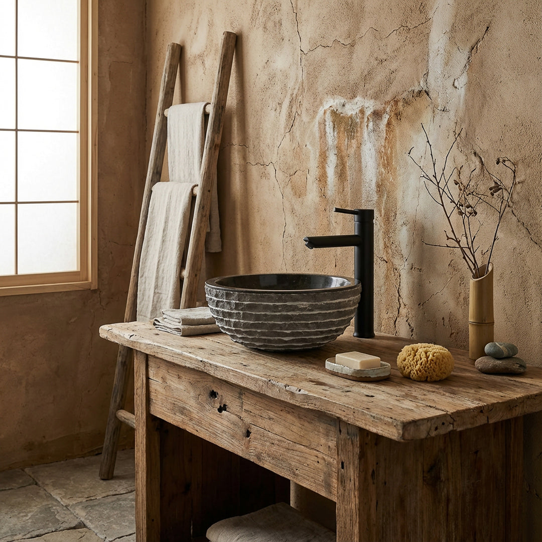 Lavabo rond en pierre naturelle sur table en bois rustique dans une salle de bains spa tranquille avec robinet noir et lumière naturelle chaude