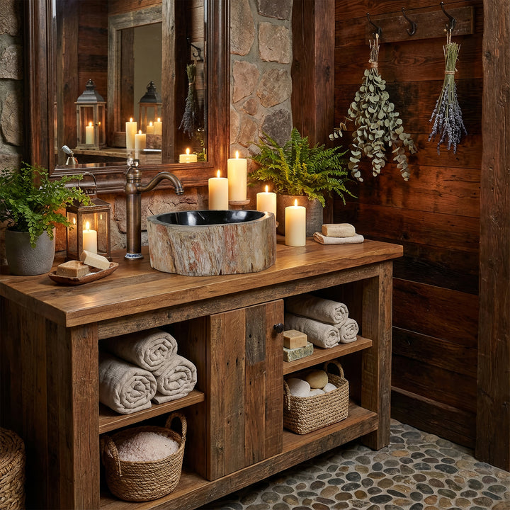 Lavabo Fabriqué en pierre naturelle avec une structure en bois fossile comme lavabo à poser, disposé de manière atmosphérique sur une console en bois rustique éclairée par des bougies.
