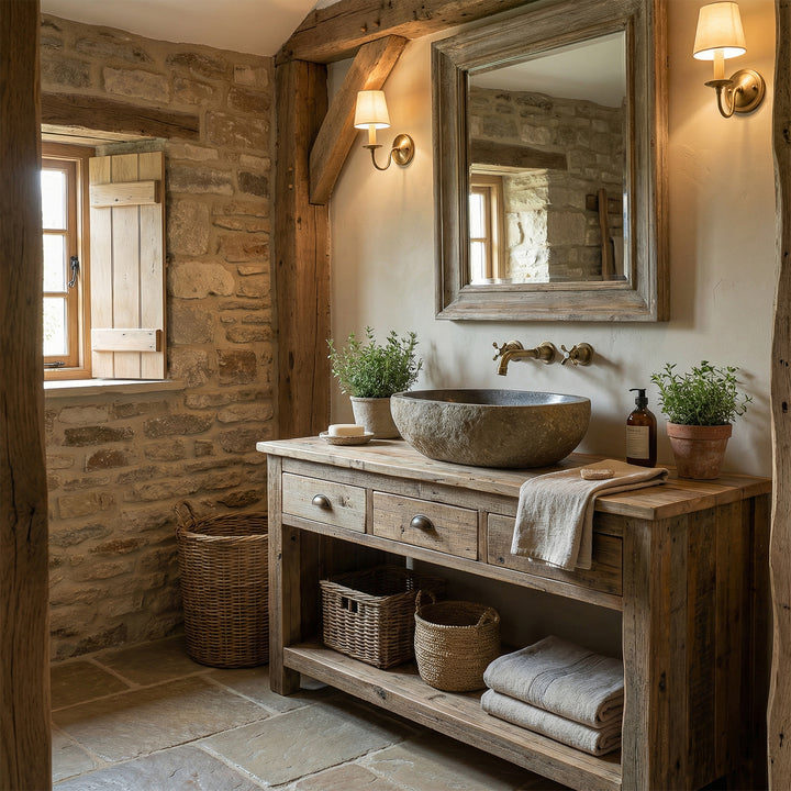 Pierre naturelle Lavabo dans la salle de bain lumineuse de la maison de campagne sur un lavabo en bois, combinée avec des appliques murales, des paniers et la lumière naturelle