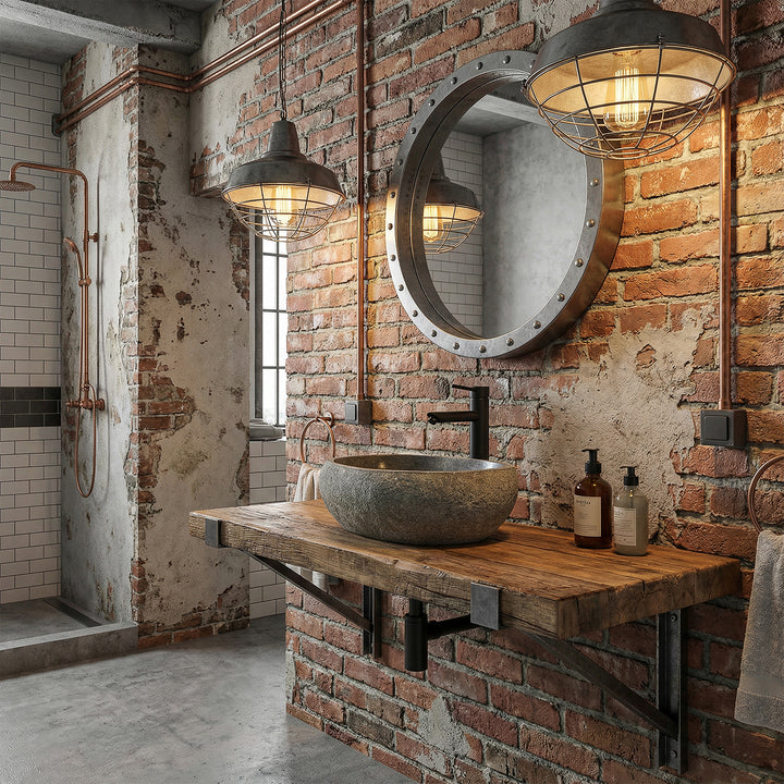 pierre naturelleLavabo dans la salle de bains industrielle sur un panneau en bois rustique, combiné avec des accessoires noirs et un mur de briques