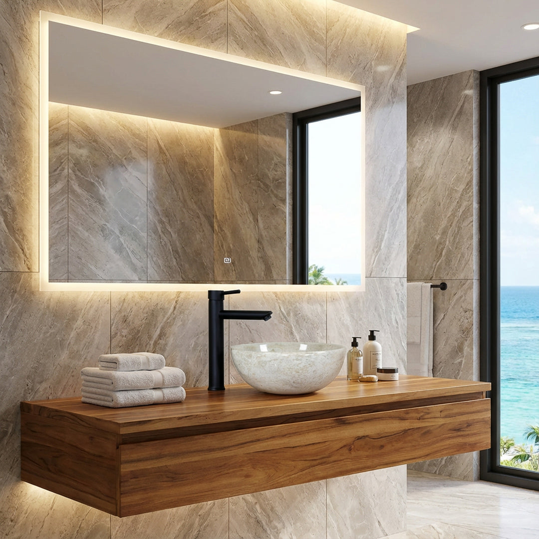 Round countertop washbasin made of light natural stone on a floating wooden washbasin with black fittings in the modern bathroom with sea views