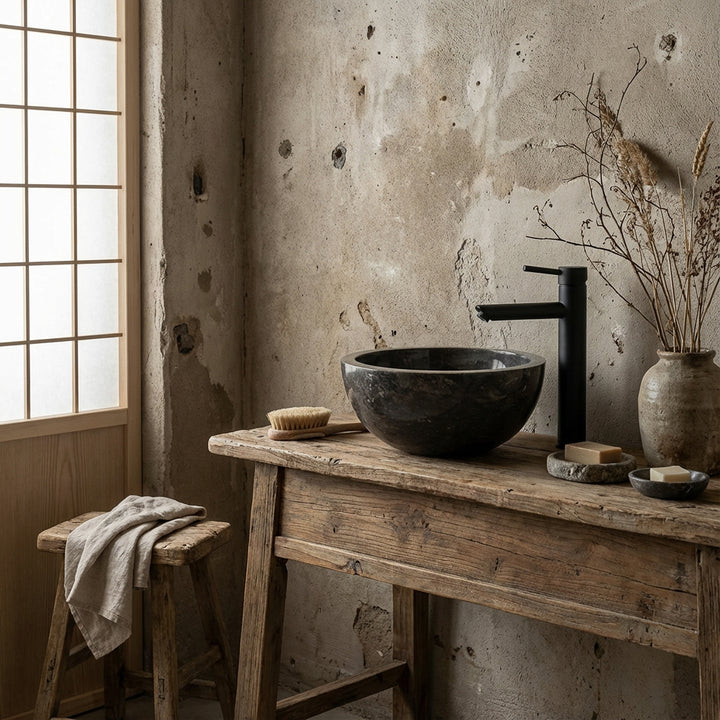 Rond Lavabo en pierre sombre sur une table en bois rustique avec des accessoires noirs dans une ambiance de salle de bains minimaliste