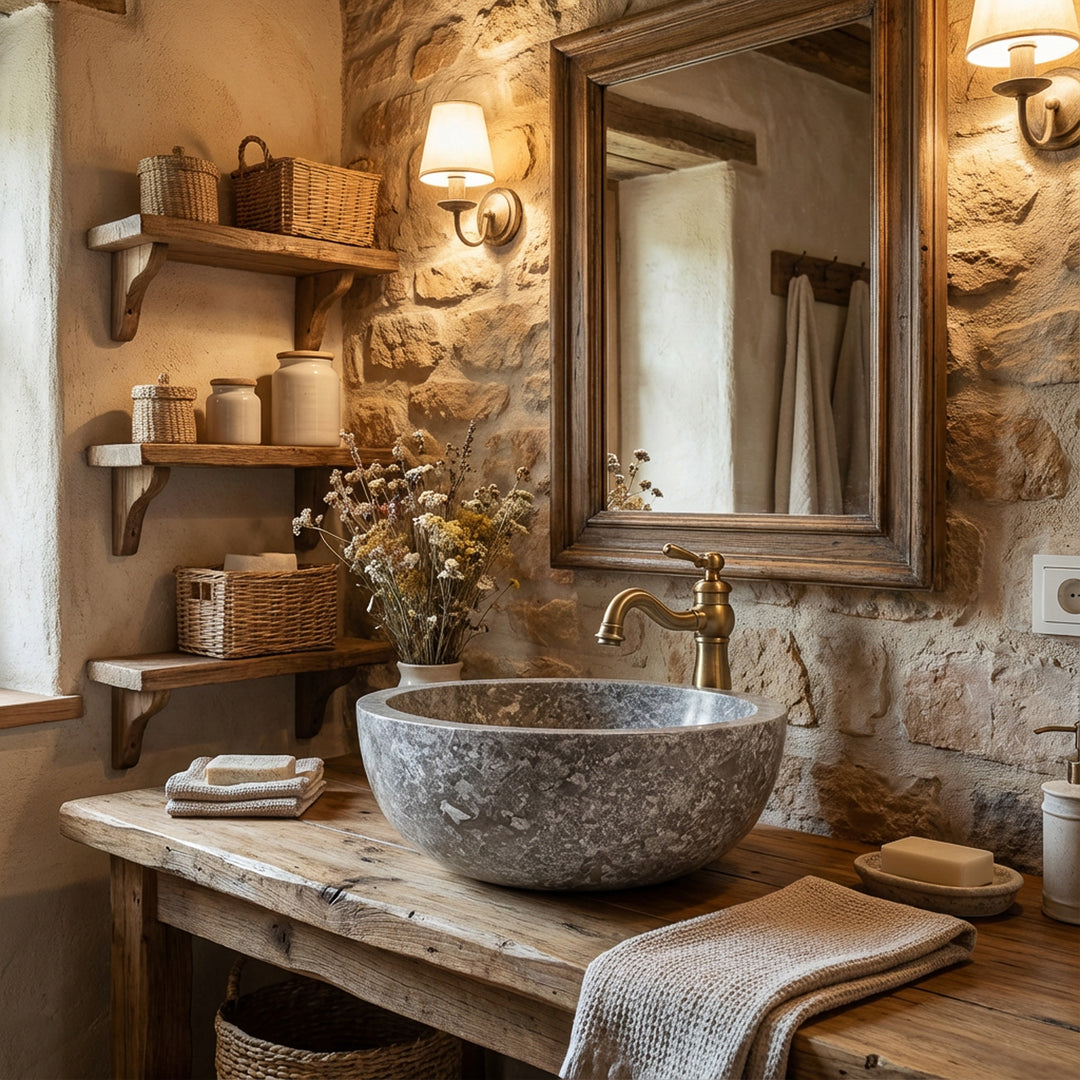 Rond Lavabo en pierre solide sur une console en bois rustique avec des raccords en laiton dans la salle de bains chaleureuse de la maison de campagne