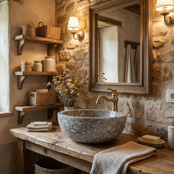 Rond Lavabo en pierre solide sur une console en bois rustique avec des raccords en laiton dans la salle de bains chaleureuse de la maison de campagne