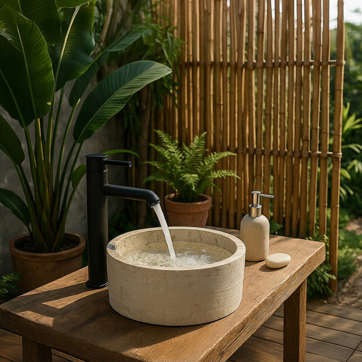 Round MarbleWashbasin on a rustic wooden table, combined with a black fitting in a warm natural bathroom ambience.