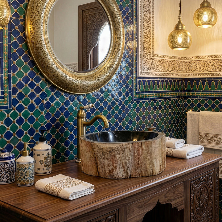 Lavabo à poser en pierre de bois pétrifié sur console en bois, salle de bain orientale avec carrelage en zellige, robinetterie en laiton et éclairage chaleureux.
