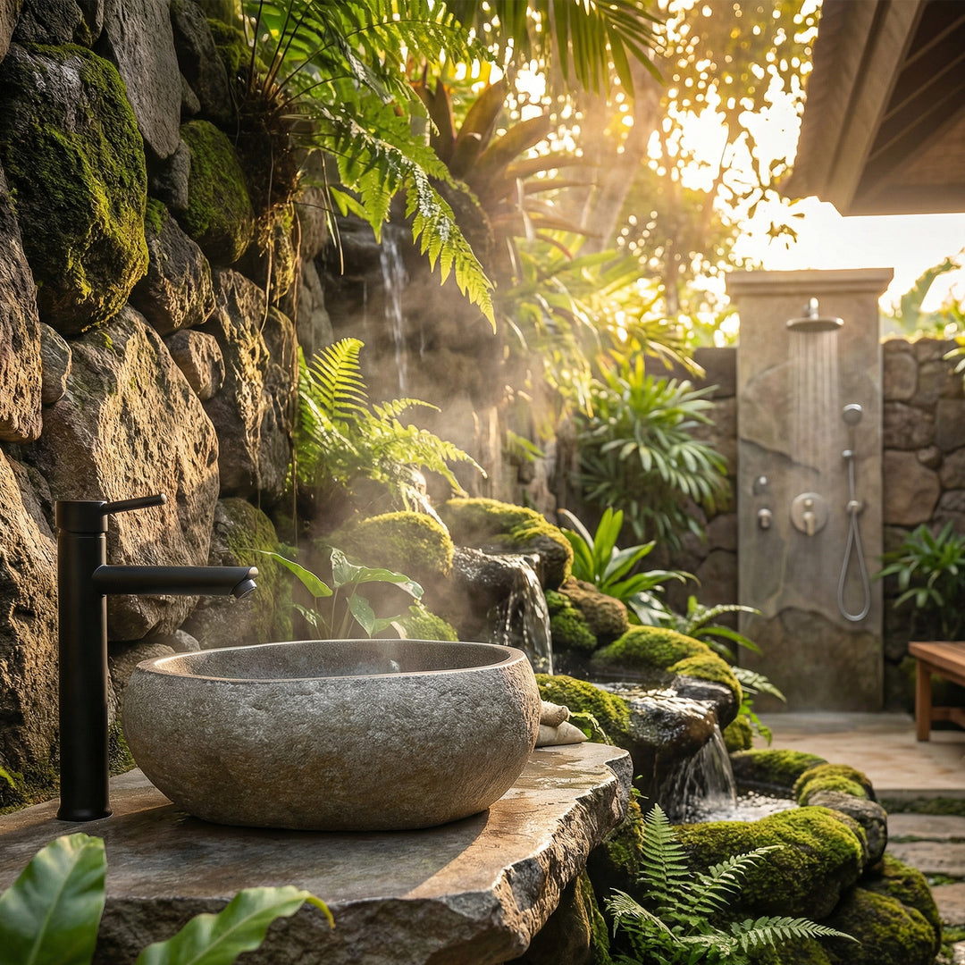 Évier en pierre dans le spa extérieur en pierre naturelle, sur une base rocheuse avec des raccords noirs et des plantes tropicales