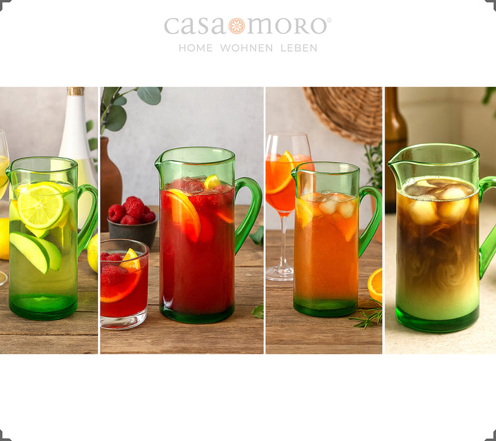 Water carafe 1 liter with spout - handmade from green recycled glass