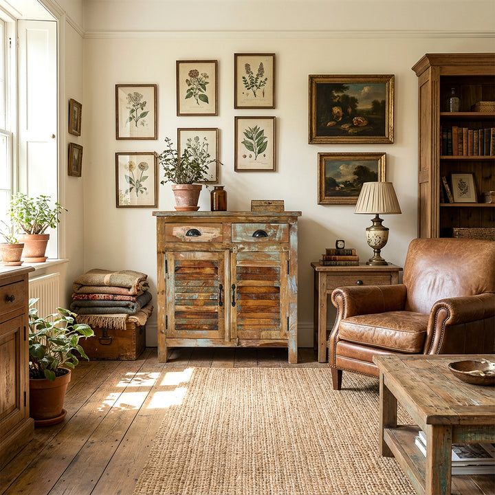 Buffet haut en bois massif dans le salon, matériaux naturels, scène de vie vintage calme avec lumière naturelle