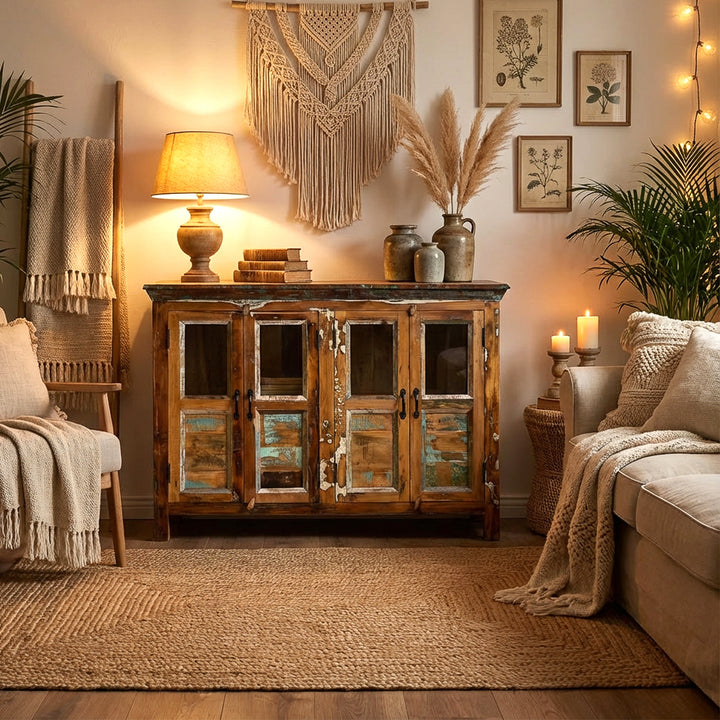 Solid wood sideboard with glass doors in the boho living room as decorative storage space
